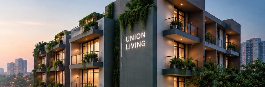 Union Living residential building at dusk