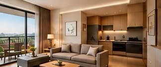 Serviced apartment living room and kitchen