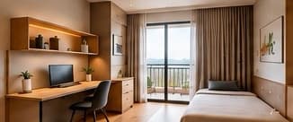 Student housing room with a study desk